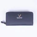 Dunkelgraue lange Geldbörse mit Doppelreißverschluss, Litschi-Maserung und Gold-V-Logo - Schwarz
