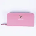 Lange Damen-Geldbörse aus rosa PU-Leder mit Doppel-Reißverschluss und goldenem V-Detail - Rosa