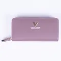 Long purple PU leather double zipper wallet with lychee pattern and V-shaped metal hardware - Dust Rose