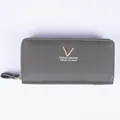 Olive green PU leather long wallet with litchi texture and dual zip for women - Dark Green