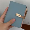 Short fold over women's wallet in Morandi blue with pink trim and gold hardware - Gray Blue