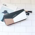 Three-color patchwork long wallet for women with zipper closure and tassel pendant - Black Colorblock (Letter Print)