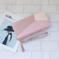 Long patchwork wallet in pink and cream PU leather with wristlet and tassel - Pink Colorblock (Solid)