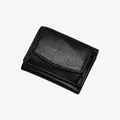 Compact black lychee pattern leather women's tri-fold wallet with organized stitching - Black
