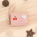 Pink short wallet with embroidered cherry and 3D ice cream cone applique on PU leather - Pink