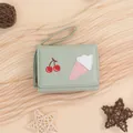 Short mint green faux leather wallet with cute cherry embroidery and wrist strap - Green
