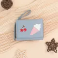 Light blue PU leather tri-fold wallet with cute cherry embroidery and ice cream patch - Blue