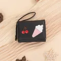 Short black trifold wallet with cherry and pink ice cream embroidery and wrist strap - Black