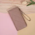 Cartera larga acolchada rosa palo para mujer con cremallera dorada y correa de mano - Caqui