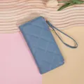 Elegant misty blue quilted long wallet for women with large capacity and wrist strap - Blue