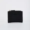 Portefeuille noir minimaliste en cuir tressé avec fermeture éclair dorée et logo - Noir