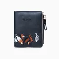 Short black zip wallet for women featuring cute animal embroidery and Live Love text - Black