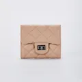 Short quilted beige leather wallet for women with elegant diamond stitching and silver lock - Lotus root pink