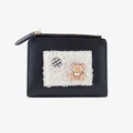 Black cartoon bear coin purse with plush patch and chic houndstooth flower detail - Black