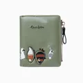 Olive green embroidered short wallet featuring cartoon animal designs and a zipper - Green