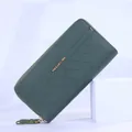 Portefeuille long pour femme en cuir matelassé vert foncé à double fermeture - Vert