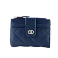Quilted navy blue PU leather short wallet with diamond stitching and gold metal logo buckle - Dark Blue