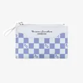 Short purple and white checkered leather card wallet with zipper and wrist strap - White