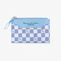 Light blue faux leather card holder with blue checkered pattern and zipper closure - Blue