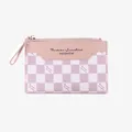 Pink and white checkerboard pattern ladies short zip wallet in premium PU leather - Pink