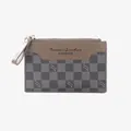 Fashionable grey checkered mini wallet and card holder with smooth zipper and leather trim - Khaki