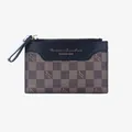 Slim dark brown checkered card holder with top zipper and gold font detail - Black