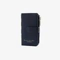 Dark blue leather multi-slot card holder wallet with gold zipper and button strap - Black