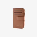 Brown leather card holder wallet with multiple slots, metal zipper, and snap closure - Brown