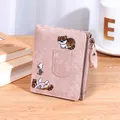 Pink faux leather short wallet with cute cat embroidery and gold zipper detail - Pink