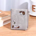 Short grey bifold wallet for women with cute cat embroidery and side gold zipper - Gray