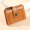 Vintage brown oil wax leather small bifold wallet with zipper and daisy buckle - Antique Yellow