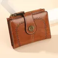 Vintage brown oil wax leather short wallet for women with floral snap and contrast stitching - Brown
