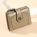 Short khaki faux leather bifold wallet with vintage sunflower buckle and zip pocket - Khaki
