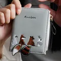 Cute grey folding wallet with cartoon animal embroidery and fuzzy tail tassel detail - Gray