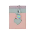 Mini multi-color leather card holder with heart window and floral bead chain pendant - Pink