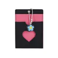 Pink and black leather card holder with heart window and blue floral charm pendant - Black