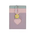 Three-tone pastel leather card holder with heart window and flower charm in mint and pink - Purple