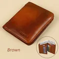 Brown leather slim bi-fold men's wallet featuring lychee texture and multiple card slots - Genuine Leather Tri-fold / Brown