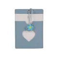Sky blue and cream PU leather card holder with heart window and flower charm - Blue