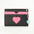 Chic leather card holder with heart cutout, contrast pink interior and floral keychain - Black