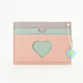 Multicolor macaron card holder with heart window and flower charm in pastel PU leather - Pink