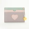 Pastel tri-color PU leather card holder with heart-shaped window and floral charm - Purple