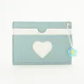 Light blue and white PU leather card holder with heart cutout and flower charm - Blue