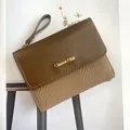 Brown leather and beige woven variant of women's small wallet with Classic Star logo - Coffee