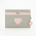 Pink and grey bi-fold card holder wallet with heart cutout and floral keychain charm - Gray