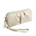 Elegante bolso de mano beige de cuero granulado plisado con doble cremallera dorada y asa - Blanco