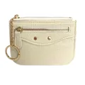 Creamy white litchi leather mini coin purse with gold studs and keychain chain - White