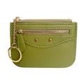 Women's matcha green pebble leather wallet with gold studs and keychain ring - Avocado Green