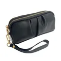 Elegante bolso de mano plisado negro con textura lichi y cremallera doble - Negro