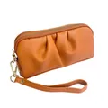 Brown orange lychee textured leather clutch bag with elegant folds and gold zipper - Orange